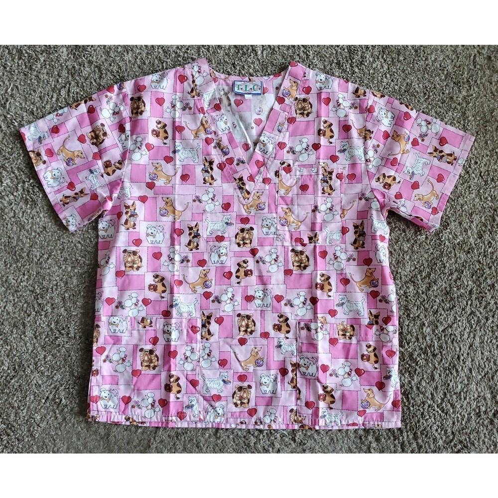 Scrub Shirt TLC Women's 2 Pocket Large Dogs Hearts Pink Veterinary Cute!
